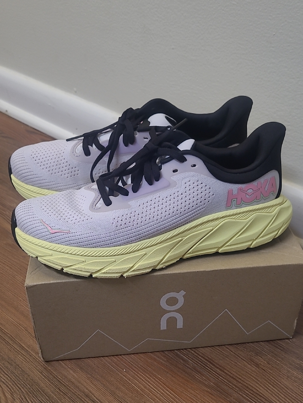 Hoka Women's Running Shoe in Light Pink with Lemon Yellow Midsole